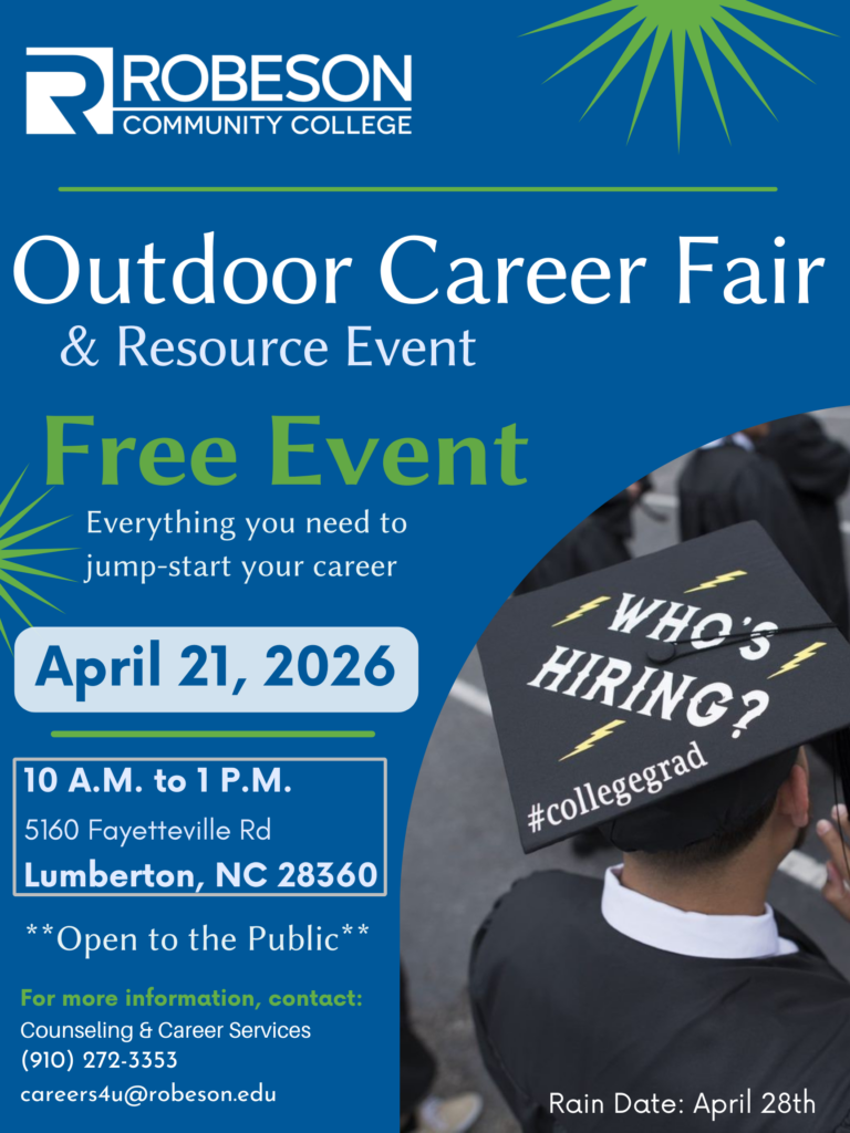 career fair free event on April 21, 2026 10am to 1pm open to the public for more information contact counseling and career services 9102723353
email careers4u@robeson.edu