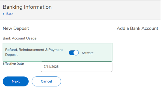 Activate your Refund, Reimbursement and Payment deposit