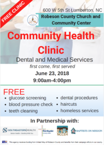 Community Health Clinic Flyer June 23, 2018 at Robeson Church and Community Center