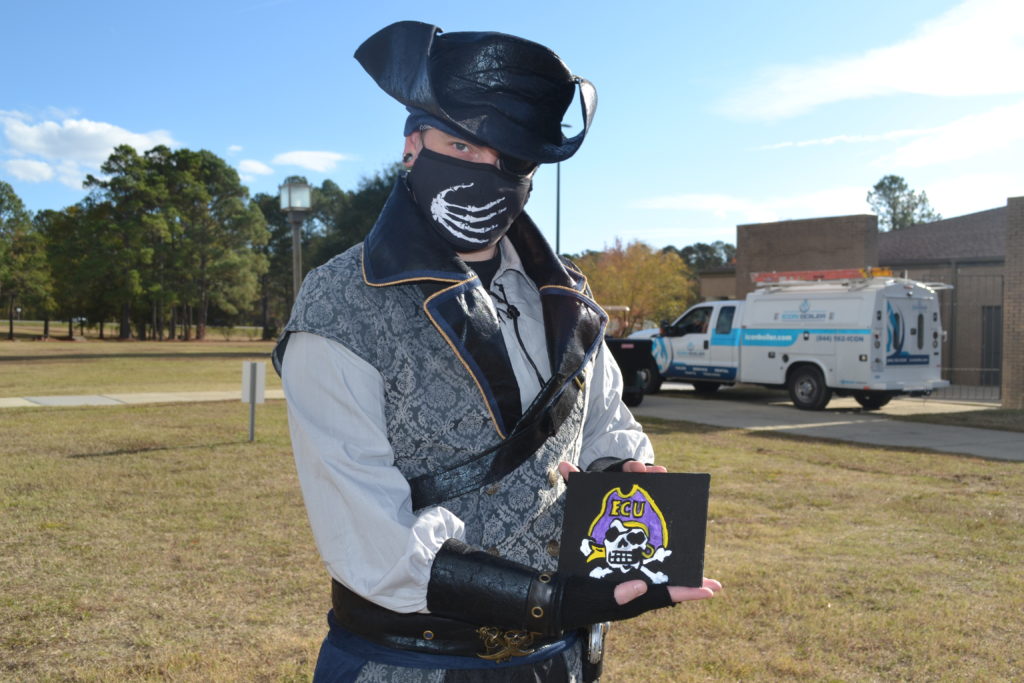 Chris Walker dressed as ECU Pirate for the College Transfer Fair held in November 2021 at Robeson Community College.