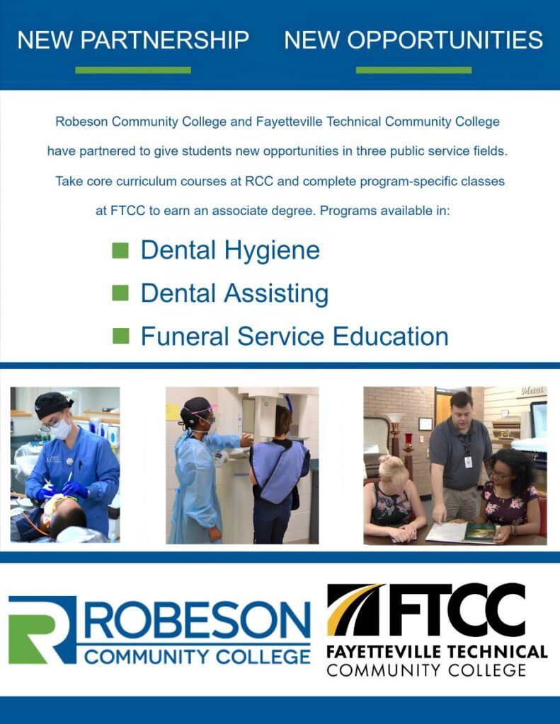 Flyer advertising the Partnership between RCC and FTCC for dental assisting, dental hygiene, and funeral service education