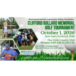 Flyer for the 42nd Annual Robeson Community College Foundation Clifford Bullard Memorial Golf Tournament. Event date: October 1, 2026, with a rain date of October 8, 2026. Held at Pine Crest Country Club with shotgun starts at 8:30 a.m. and 1:30 p.m. Proceeds support scholarships. Includes photos of participants playing golf and the Robeson Community College Foundation logo