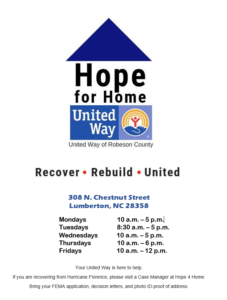 United Way Hope for Home Program Flyer. 308 N. Chestnut Street, Lumberton NC. Help availalbe Monday - Friday