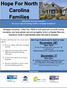 Hope for NC Families Flyer. November 29th 4 p.m. -9 p.m. at First Presbyterian Church of Lumberton. Connect with vital free assistance programs.