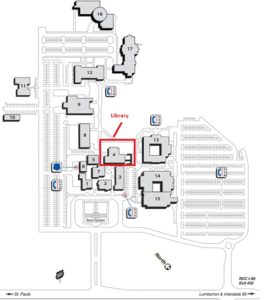 Image of campus map showing the location of the library.