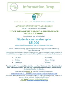 North Carolina Community Foundation Hurricane Matthew Scholarship Flyer.