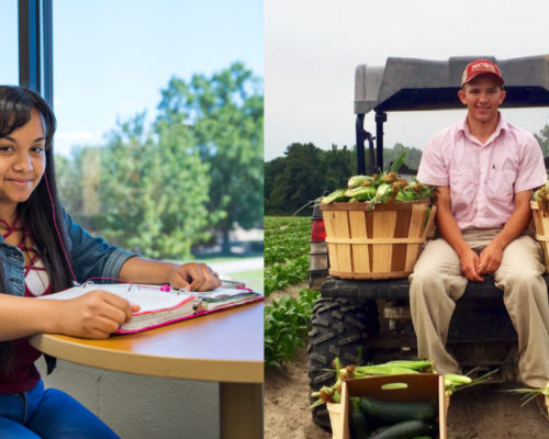 A female student on the left, a male student on a tractor on the right.