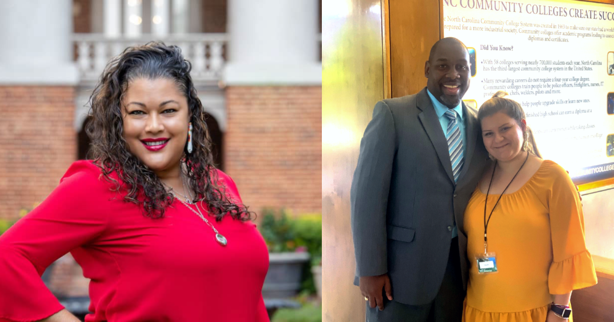 A collage of Photo of man in suit and woman in yellow dress smiling together and woman in red