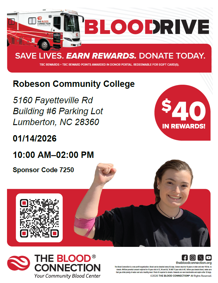 Flyer for blood drive taking place on January 14th from 10am-2pm