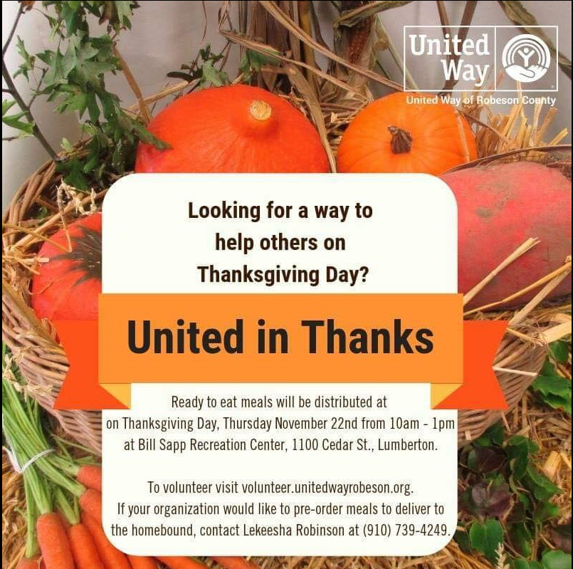 United Way sponsored Thanksgiving Meal at Bill Sapp Recreation Center in Lumberton on Thursday, November 22 from 10 a.m. - 1 p.m.