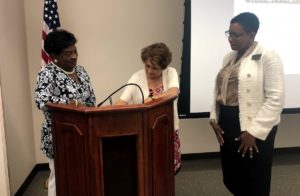 Dr. Eva Meekins, director of Nursing at RCC, Dr. Cherry Beasley, interim chair of the Department of Nursing at UNCP and Dr Patrena Elliott, interim vice president of Instruction and Support Services at RCC, sign a Nursing Pathway MOU establishing a pathway for graduates of the LPN program at RCC to earn a bachelor of science in nursing at UNCP.