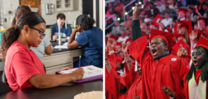 Collage of two photos: The first is a student studying and the second is graduates from NCSU
