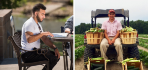 Collage of two photos: The first is a student studying and the second is a NCSU student on a tractor