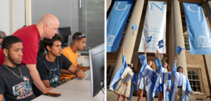 Collage of two photos. The first is a teacher helping students at a computer and the second is graduates from UNC-Ch