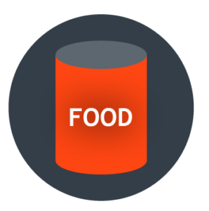 "Red can with the word food listed horizontally in the middle. Black circle background"