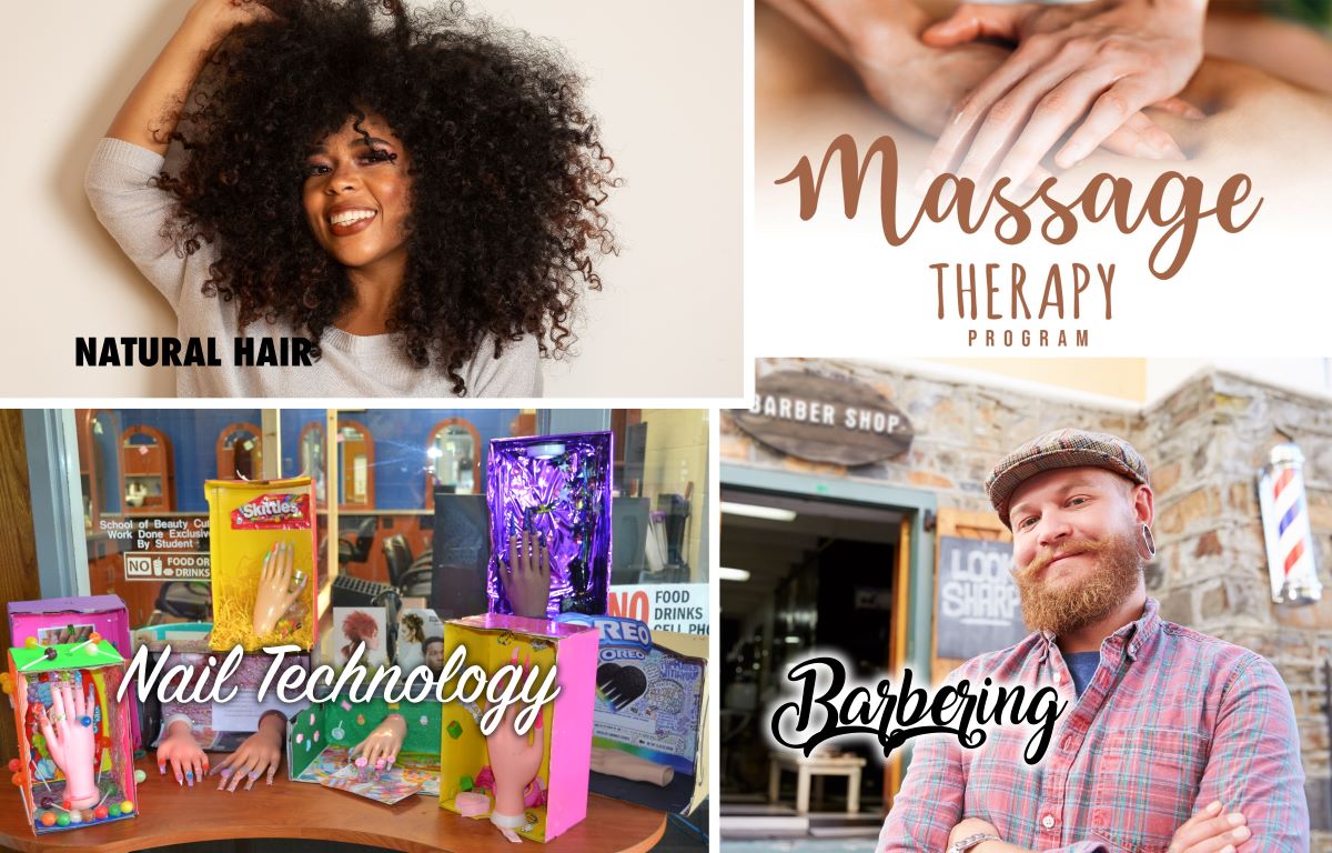 picture of different service industries classes
nail technology, massage therapy, barbering, and more