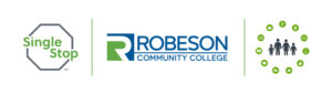 "Single Stop Logo left aligned, Robeson Community College logo centered, Single Stop family in center surrounded by green circles representing resources right aligned"