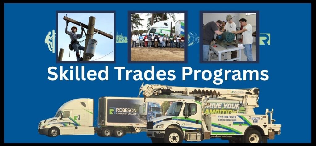 RCC skilled trades, student on pole for lineman class, CDL students with certificates, students in utility fundamentals class. RCC trades Vehicles displayed