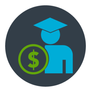 "Blue student icon with graduation cap behind a green money symbol"